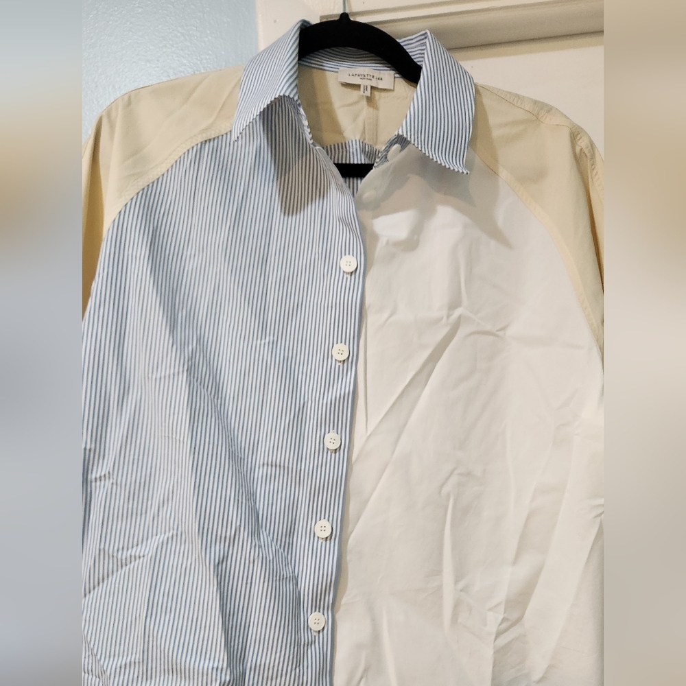 Women's Lafayette 148 New York Striped Colorblock Button Down Shirt, Size M - Picture 3 of 9